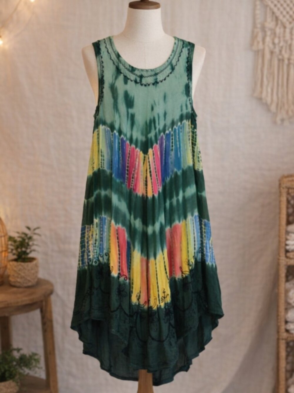 Embroidered Green Tie-Dye Sleeveless Dress Free Size Boho Festival Hippie India